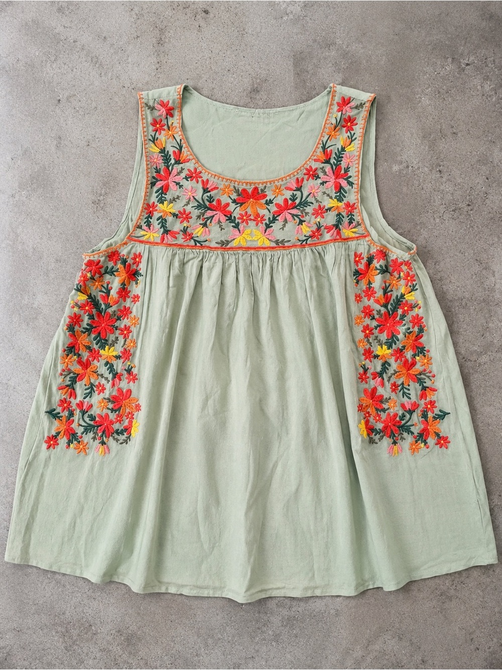 Boho Embroidered Floral Babydoll Tank Top Sage Green Festival